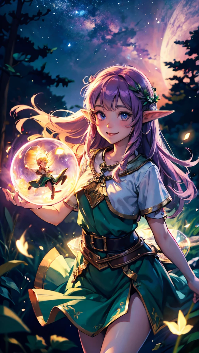  best quality， official art ，8K wallpaper， Extremely detailed，Illustration， Beautiful Elf Girl 、Forest Elf、Fireflies dance 。Forest Night、Long Hair,  3d rendering , 8K Octane, smile、 put the little fairy that shines on the palm of your hand、 seems to be having fun。
 ELF GIRL FLOATING IN THE SKY、Fantastic。 flying in the sky。 purple sky