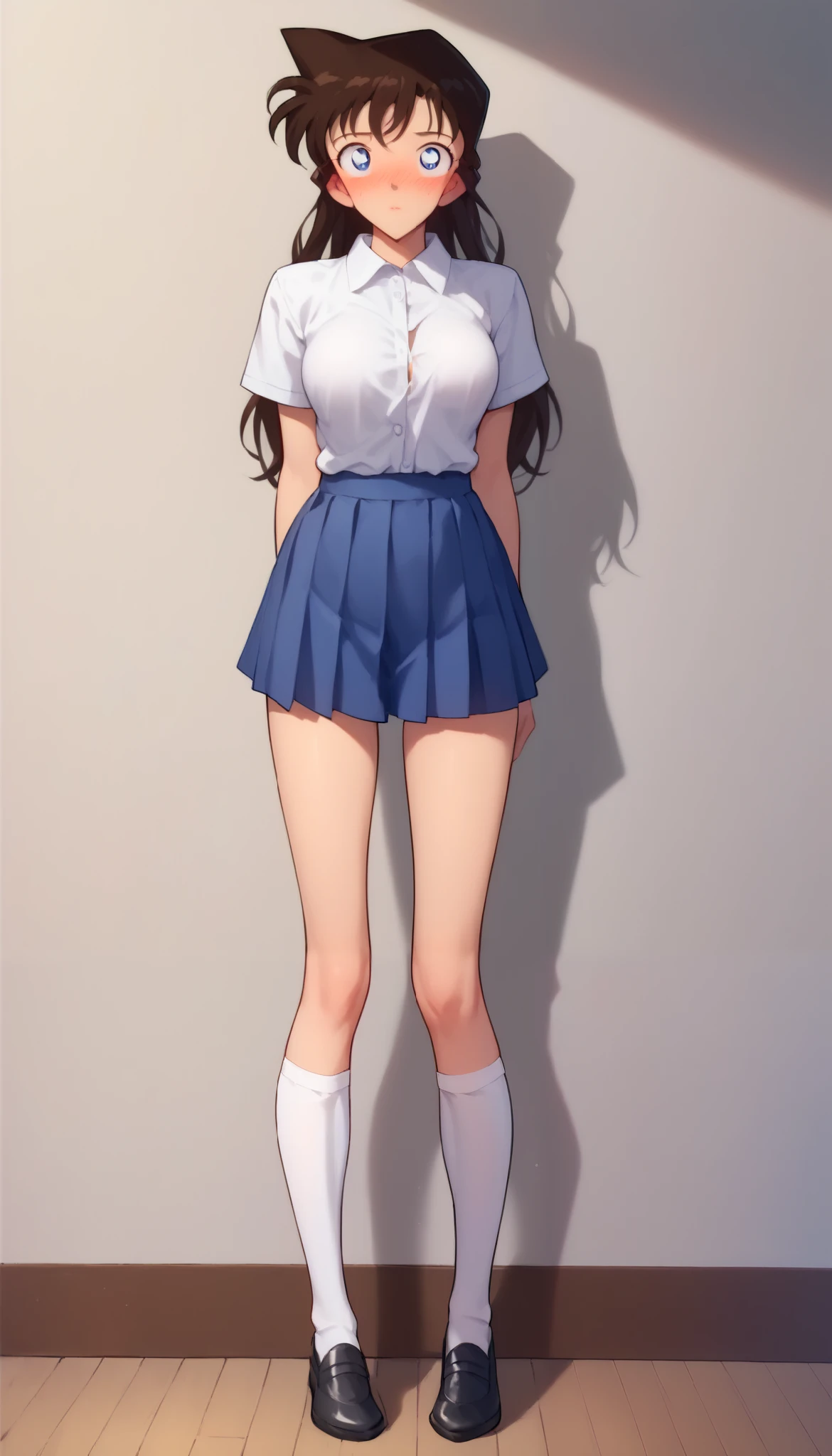 RanMoriDCXL, ran mori, detective conan, blue eyes, dark brown hair, blush, long hair, 1 pointed hair, bangs, ((thigh high socks:1.0)), medium breasts, slender body, ((tall body:1.2)), ((long legs:1.0)), red face, ((hesitant)), shy, ((eyes looking to the side down:1.5)), wrinkle lips, short sleeve white shirt, top button undone shirt, blue pleated short skirt, white stockings, black shoes, solo, standing, looking at viewer, indoors, facing viewers, front view, full body front view, straight front no angle, zoom out, both hands on chest, standing straight, ((unbuttoning shirt:1.3))