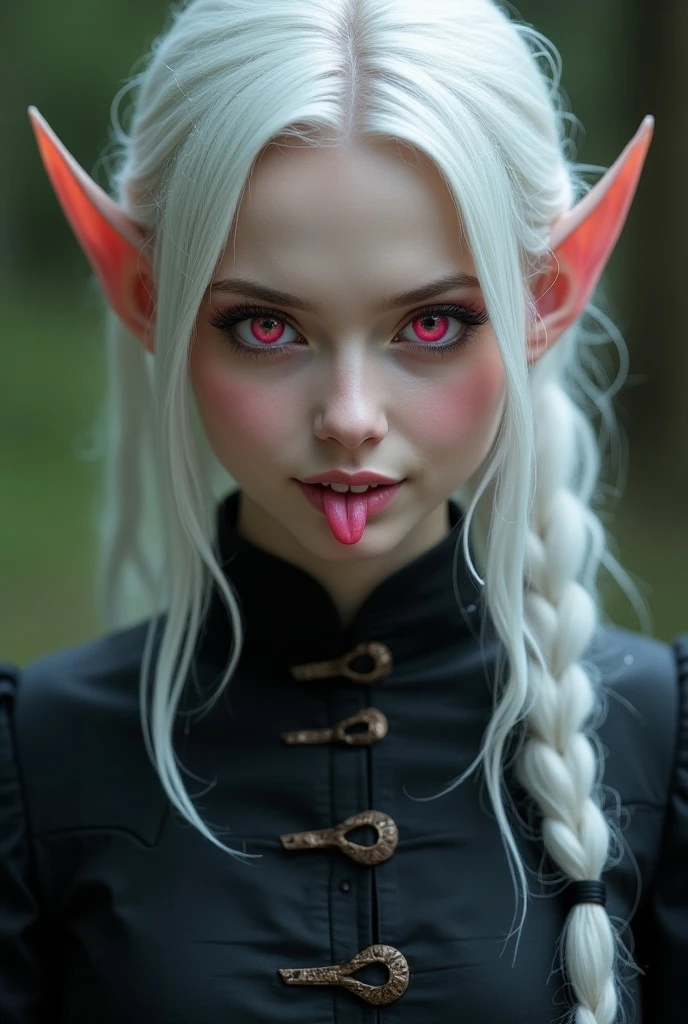 girl, teen, alien, red skin, white hair, long pointy ears, vampire fangs, on a spaceship, naked,