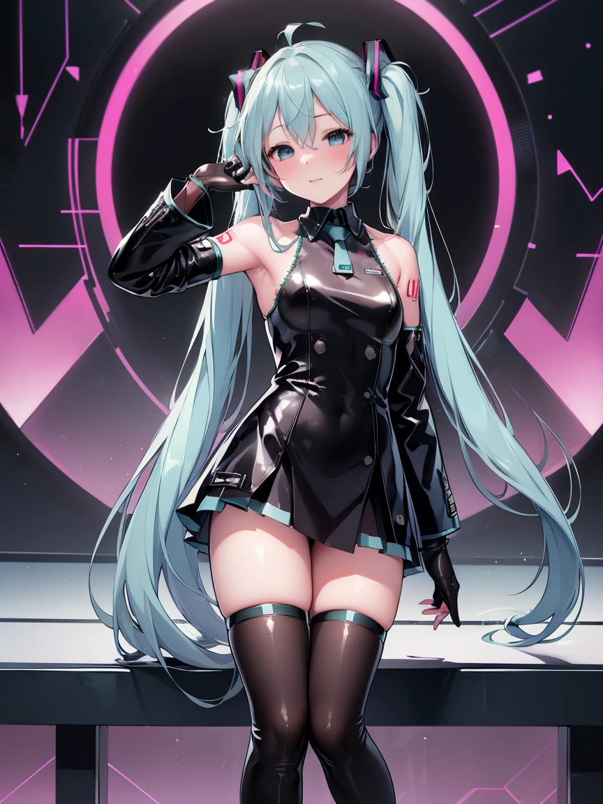 (One lady)、(​masterpiece)、(best qualtiy)、(ultra-detailliert)、(a high chroma)、(CG Illustration)、highcontrast、((low angles))、VOCALOID、((miku hatsune))、(Fine and beautiful eyes)、Delicate beautiful face、((dishevled hair))、(( The whole body was wrapped in a plug suit))、(Black stockings)、((B cup breasts))、((teats)) 、The best lighting、spread legswide、Float inside、simple background