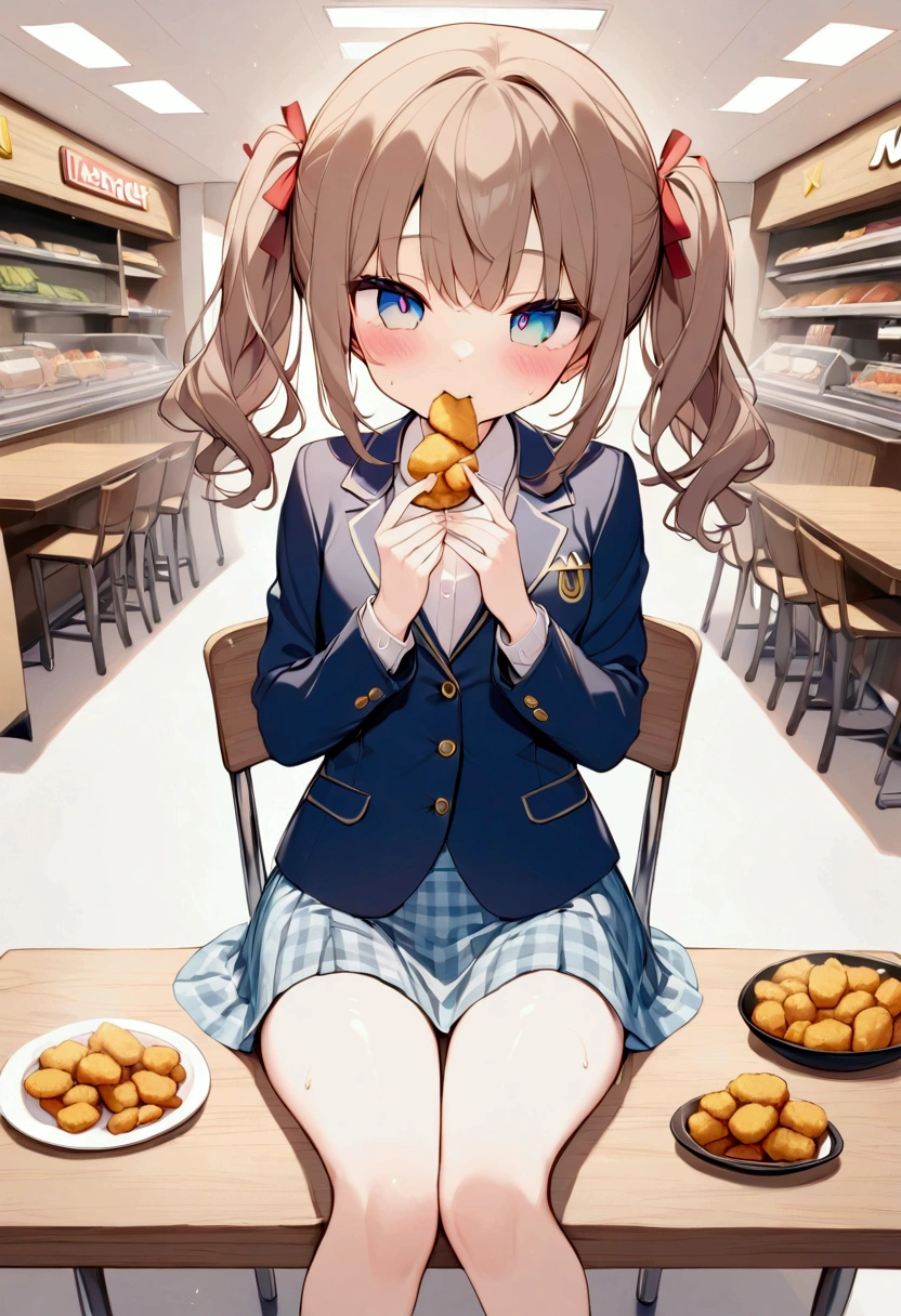 (masterpiece),(  Best Quality ),   1 girl, cute,Brown Hair,     Teal Eyelids,  ponytails,（ small breasts）,   red ribbon,   navy blue blazer,  blue gingham check skirt ,    sitting on a white chair with a nugget in your mouth ,  sweaty, 白いチェアに座っている, with elbows on a wooden table ,   with nuggets and drinks on the desk,   {  Front View   },   (Wavy Hair:0.8),{ cowboy shots},  {Shining Face  },   amazingly slim,  background is inside a McDonald's store , White floor,  detailed background  ,  bright colors, （The charm of youth）