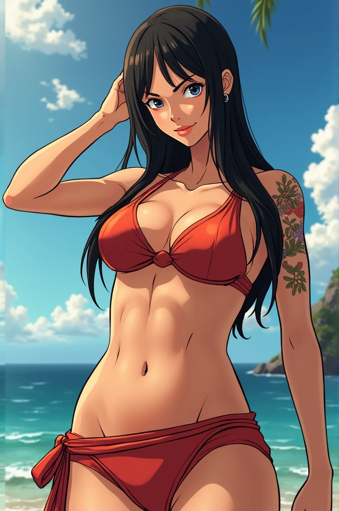 lying:1.6, red strip bra, short jeans, home background, momiji, anime cels style, best quality, high resolution, 1girl, (big breasts:1.0), beautiful face, ponytail, black hair, long hair, long hair, little biceps, brown eyes, cowboy shot, light smile, red lipstick, stretching
