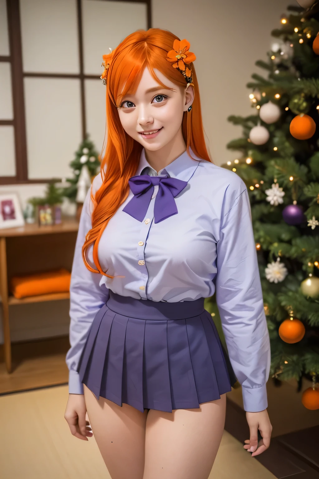 orihimeinoue, medium_breasts,( brooch flower hair clip,flower hair clip blue ,brooch placed close to the ears),( Purple eyes :1.5), smiling,(japanese school uniform),( orange hair :1.5), masterpiece,  Best quality , Big Thighs, at school with a Christmas tree and gifts in the living room...