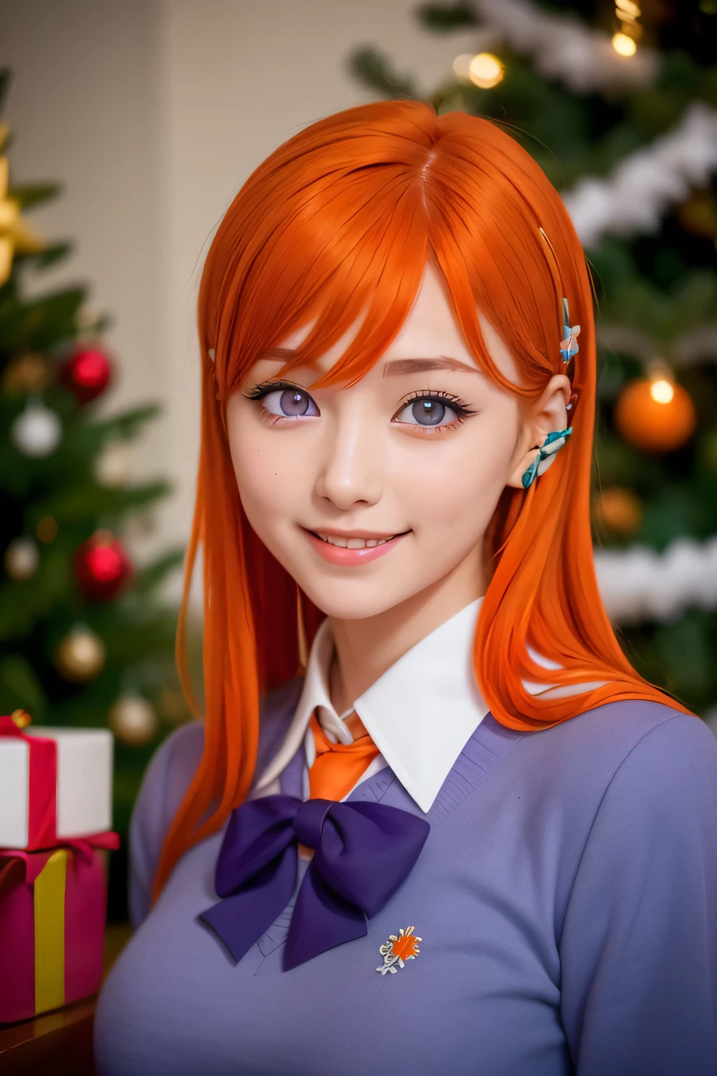 orihimeinoue, medium_breasts,( brooch flower hair clip,flower hair clip blue ,brooch placed close to the ears),( Purple eyes :1.5), smiling,(japanese school uniform),( orange hair :1.5), masterpiece,  Best quality , Big Thighs, at school with a Christmas tree and gifts in the living room...