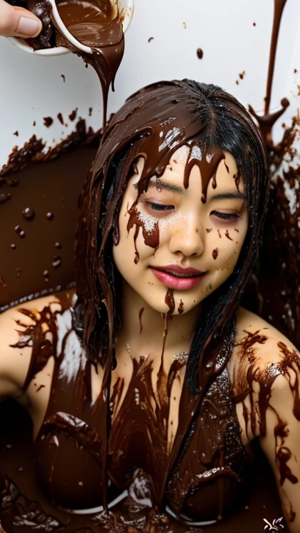 (Photorealistic: 1.4), Photo taken with Leica camera, Film photograph, Asian teenager, portrait photo, beautiful details, detailed eyes, detailed face, intricate details, extreme realism, 8k, HD, mascara, winged eyeliner, lipstick, white dress, cleavage, chocolate, chocolate syrup on chest, chocolate syrup on hair, blood on face, film grain