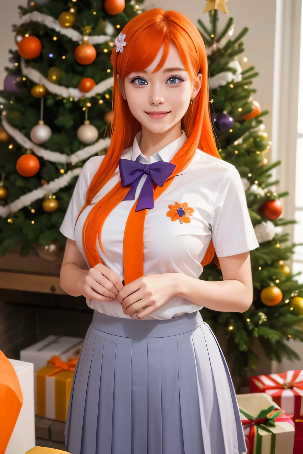 orihimeinoue, medium_breasts,( brooch flower hair clip,flower hair clip blue ),( Purple eyes :1.5), smiling,(japanese school uniform),( orange hair :1.5), masterpiece,  Best quality , Big Thighs, at school with a Christmas tree and gifts in the living room...