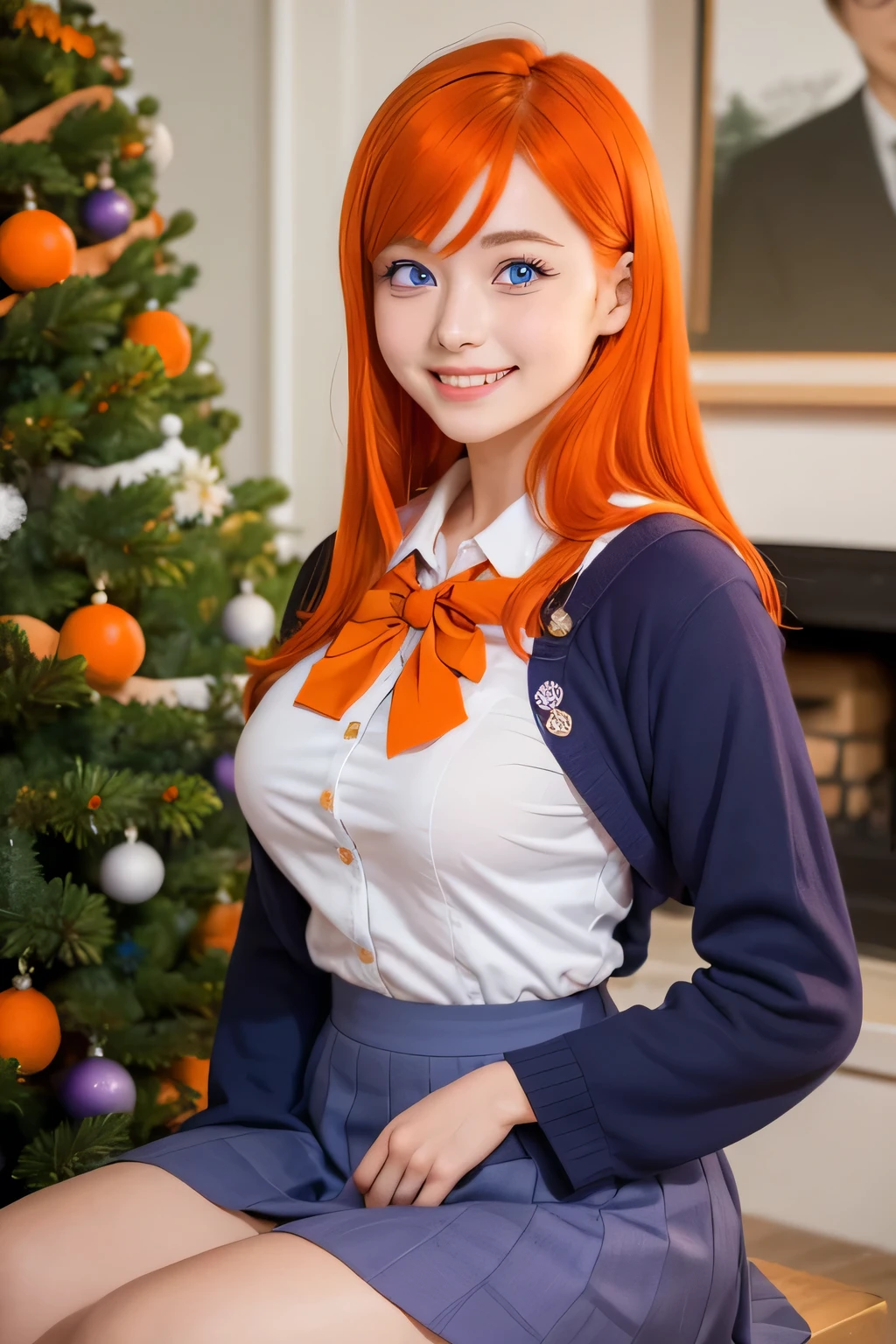 orihimeinoue, medium_breasts,( brooch flower hair clip,flower hair clip blue ),( Purple eyes :1.5), smiling,(japanese school uniform),( orange hair :1.5), masterpiece,  Best quality , Big Thighs, at school with a Christmas tree and gifts in the living room...