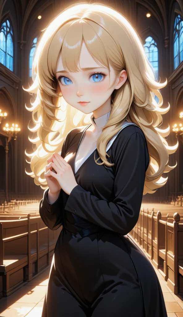  illustration,  best quality ,  1 girl, original female character,  blonde nun with bright blue glowing eyes ,  behind her, she has an epic cathedral with a colored stained glass window  ,  clasping hands in prayer  ,  solemn view   ,   dull church , candles  ,   dark monastic clothes ,deep shadows 
