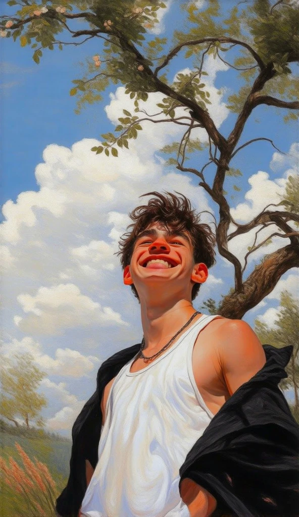 Teenage boy wearing white tank top and opened black shirt exposing his shoulder standing under a tree and laughing, Beautiful surrounding , fluffy clouds in background detailed, beautiful 