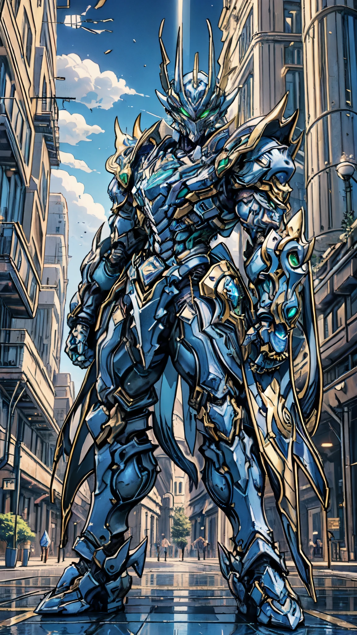 (masterpiece:1.5, best quality:1.5, extremely delicate:1.5), ((male:1.5)), a man wearing a full-face helmet, green eyes, fantasy-style high-tech biomimetic armored combat suit, (a composite layered chest armor), the design balances heavy with agility, fully enclosed shoulder guards, matching arm and leg guards, a belt of gemstone, (the color scheme is primarily Indigo with Silver accents, Organic Biotech, Concept Inspired by Iron Beast, glowing eyes, armor glows, stand of a futuristic sci-fi city), this character embodies a finely crafted fantasy-style armored hero in anime style, exquisite and mature art style, metallic, high definition, highres, ultra-detailed, ultra-fine painting, professional, perfect body proportions, golden ratio, anatomically correct, symmetrical face, extremely detailed eyes and face, high quality eyes, creativity, RAW photo, UHD, 32k, Natural light, cinematic lighting, masterpiece-anatomy-perfect