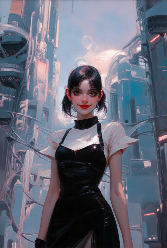 Beautiful Cyber girl standing in a futuristic city, wearing black dress with white top,wide low angle shot, dark eyebrows and eyelashes, red lipstick, cunning smile, detailed, beautiful