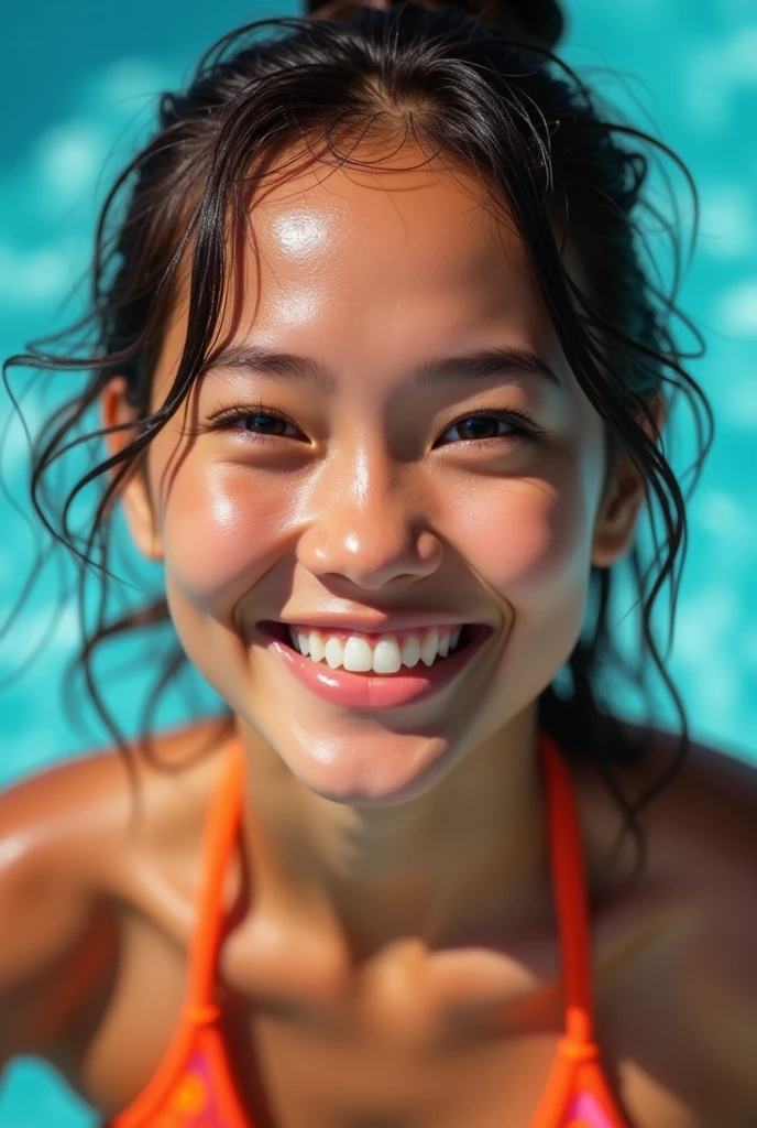 light brown hair, braid, wet hair, light smile, sparkle, cowboy shot, anatomically correct, masterpiece, accurate, textured skin, high quality, high details, best quality, super detail, Japanese girl, solo, cute, One piece swimsuit, poolside, summer sunshine