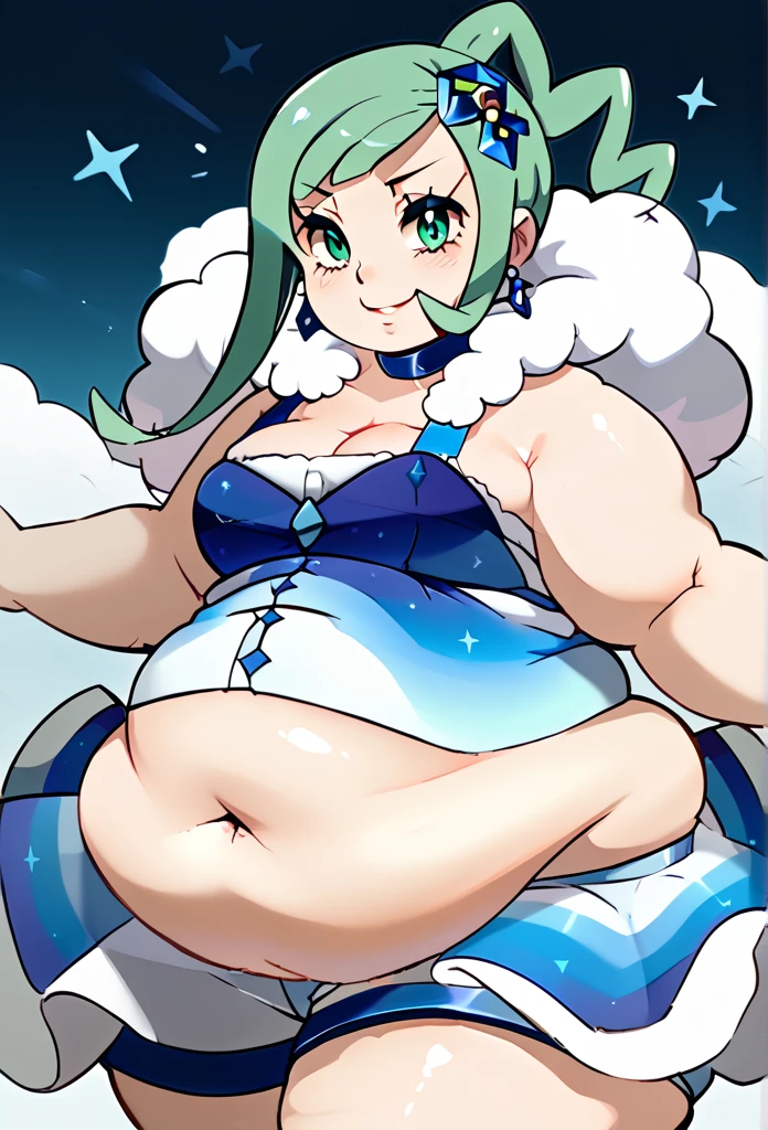 score_9, score_8_up, score_7_up, source anime,1girl,solo,lisia \(pokemon\),green eyes,green hair,bare shoulders,dress,earrings,hair ornament,jewelry,navel,shorts,showgirl skirt,single thighhigh,choker,looking at viewer,smile, fat, chubby, obese, bbw, plump, large belly, large breasts, large thighs, love handles, wide hips, weight gain, ((detailed shading)), ((beautiful render art)), ((intricate details)),