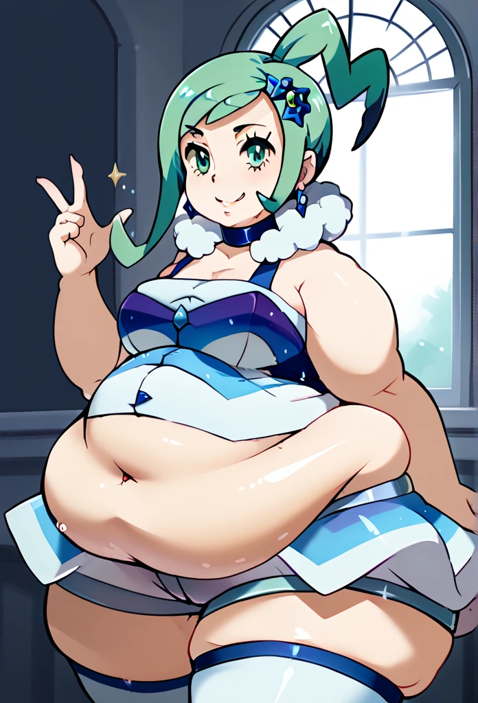 score_9, score_8_up, score_7_up, source anime,1girl,solo,lisia \(pokemon\),green eyes,green hair,bare shoulders,dress,earrings,hair ornament,jewelry,navel,shorts,showgirl skirt,single thighhigh,choker,looking at viewer,smile, fat, chubby, obese, bbw, plump, large belly, large breasts, large thighs, love handles, wide hips, weight gain, ((detailed shading)), ((beautiful render art)), ((intricate details)),