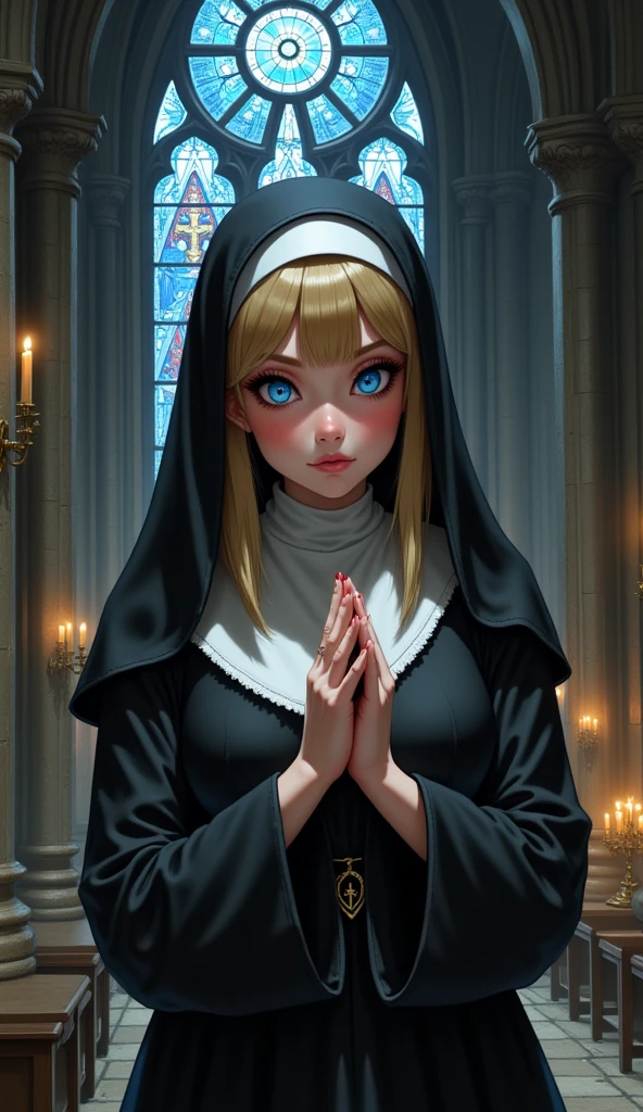  illustration,  best quality ,  1 girl, original female character, blonde nun with bright blue glowing eyes , behind her is an epic cathedral with a colored stained glass window  ,  clasping hands in prayer  ,  solemn view   ,   dull church , candles  ,   dark monastic clothes ,deep shadows 
