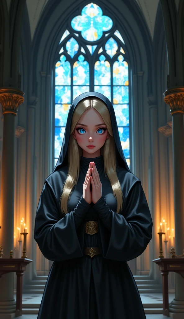  illustration,  best quality ,  1 girl, original female character, blonde nun with bright blue glowing eyes , behind her is an epic cathedral with a colored stained glass window  ,  clasping hands in prayer  ,  solemn view   ,   dull church , candles  ,   dark monastic clothes ,deep shadows 
