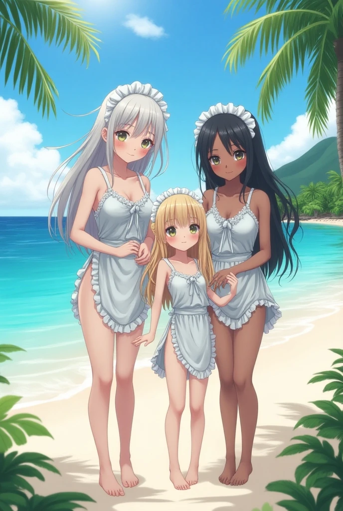 small sister very young (tanned body) + older brother in the same image, 1girl, 1boy, small sister on four, brother behind naked, nude, no cloths, happy
