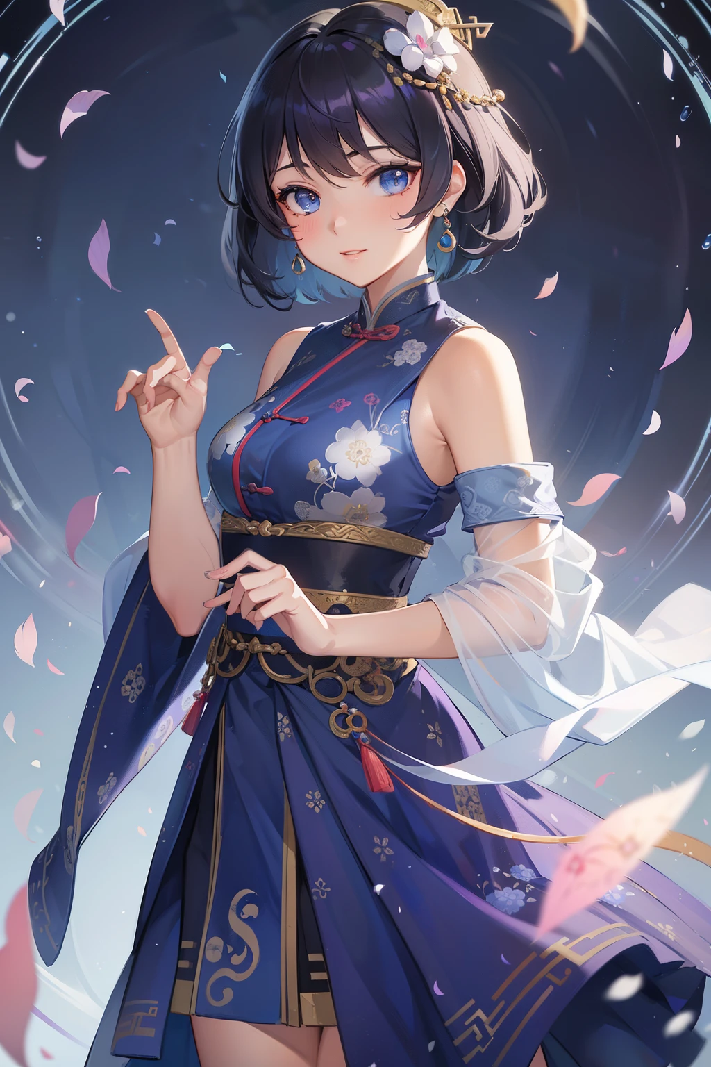 (high-quality, breathtaking),(expressive eyes, perfect face) 1female, girl , solo, teenager, asian woman hairstyle, short hair length, soft wave, black hair color, Heterochromia left eye blue and right eye purple, white and black dress, shawl, patterned clothes, blue and purple background, music, gentle smile, swirls in background, music notes background, beautiful background, symmetrical eyes, Qing Dynasty Costumes, hairpin
