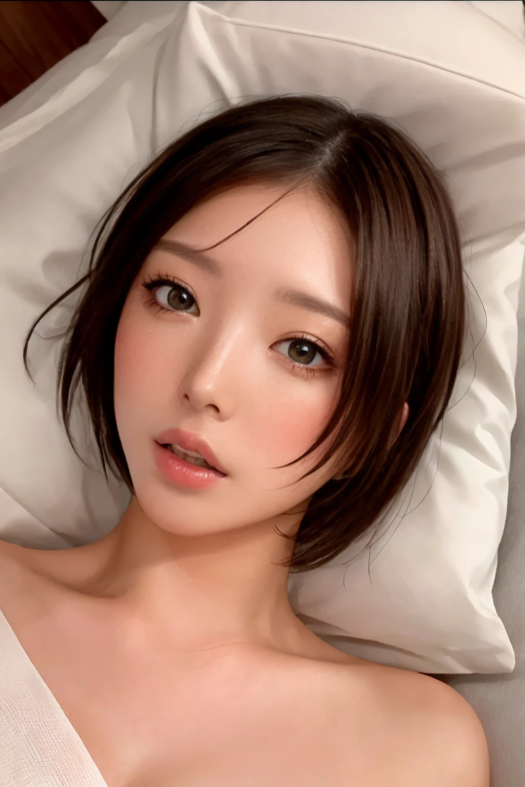 masterpiece, Best Quality, One Woman, (RAW Photos, Best Quality), (reality, Realistic:1.4)、sexy、iris、Very detailed eyes and face, Beautiful and detailed nose, beautiful eyes, Perfect Anatomy、Short Hair、White shirt、Cleavage、Shiny skin、Wet Skin、Blushing、Droopy eyes、Hollow Eyes、Frightened expression、Open your mouth、Gasp、 Lying down、Looking Up、Black bed、