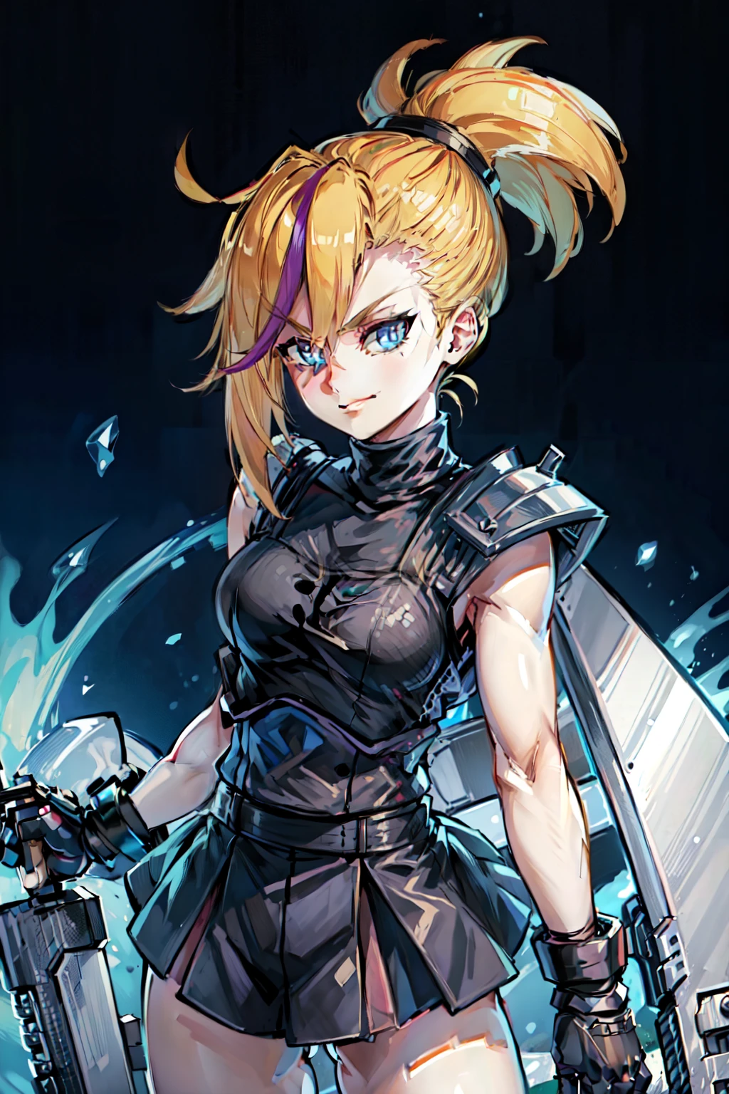 (masterpiece, best quality:1.2), Blue  glowing eyes, perfect face, highres, 1 girl, solo, ultra long ponytail, (female:1.5), strife, blonde hair, shoulder armor, sleeveless turtleneck, suspenders, belt, gloves, bracer, evil smile, standing, portrait, looking at viewer, giant sword on the back