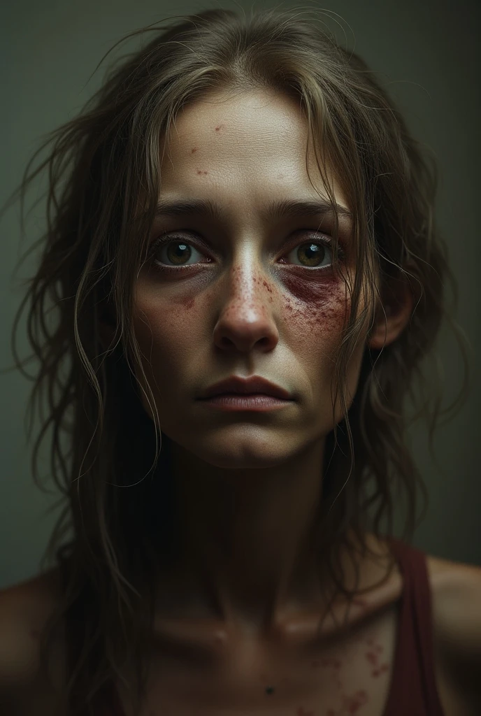 25 year old junkie woman, nude, junkie, beaten and bruised