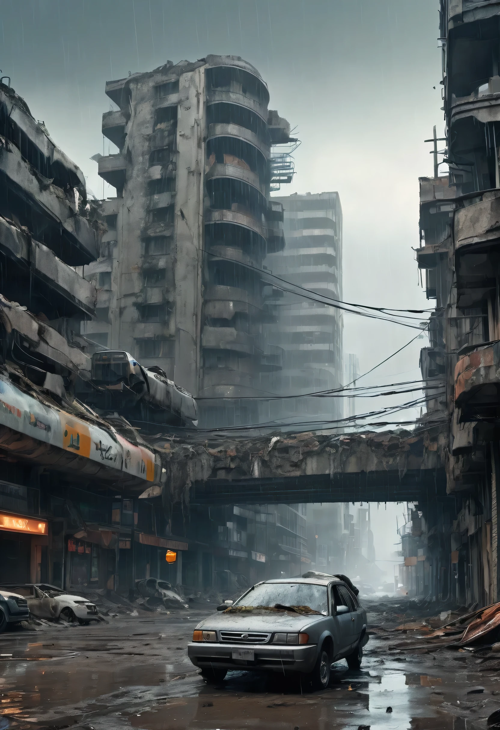 Image from the height of 200 meters a curved viaduct made of crumbling gray concrete supported by wide and tall pillars of cars passing over the center of a modern ultra futuristic abandoned city with crashed rusty abandoned rusty and dirty cars and buses standing upside down in the street, has dirty modern round and circular buildings in ruins and collapsing, cyberpunkstyle, gray environment, night sky, tenebrosa, natta, image with shades of gray, rain and puddles of water on the ground, Science fiction, Nuclear apocalypse with smoke from buildings, madmax style, urban scenery with poles with traffic lights turned off collapsing and wires from poles lying on the ground, there is a rusty chain link fence around the buildings, There are billboards and lights turned off and fallen from buildings, many buildings collapsing on the horizon, there are collapsed buildings, rubble and garbage in the streets, there is a girl dressed in dirty, torn clothes and wearing a hood walking down the street looking at the horizon, as realistic as possible, high qualiy, 4K, hyperdetailed