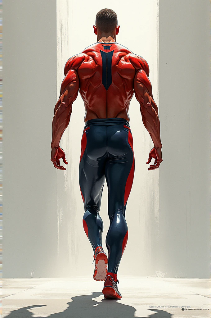 (photorealism:1.2), slim and tall male boy dressed in a tight scarlet superhero costume, just like the flash, with a big ass, brown hair, slightly rotated back view, enlarged butt, thick thighs, fluffy brown hair, chiseled jawline, cleanly shaved face, broad shoulders, tapered waist