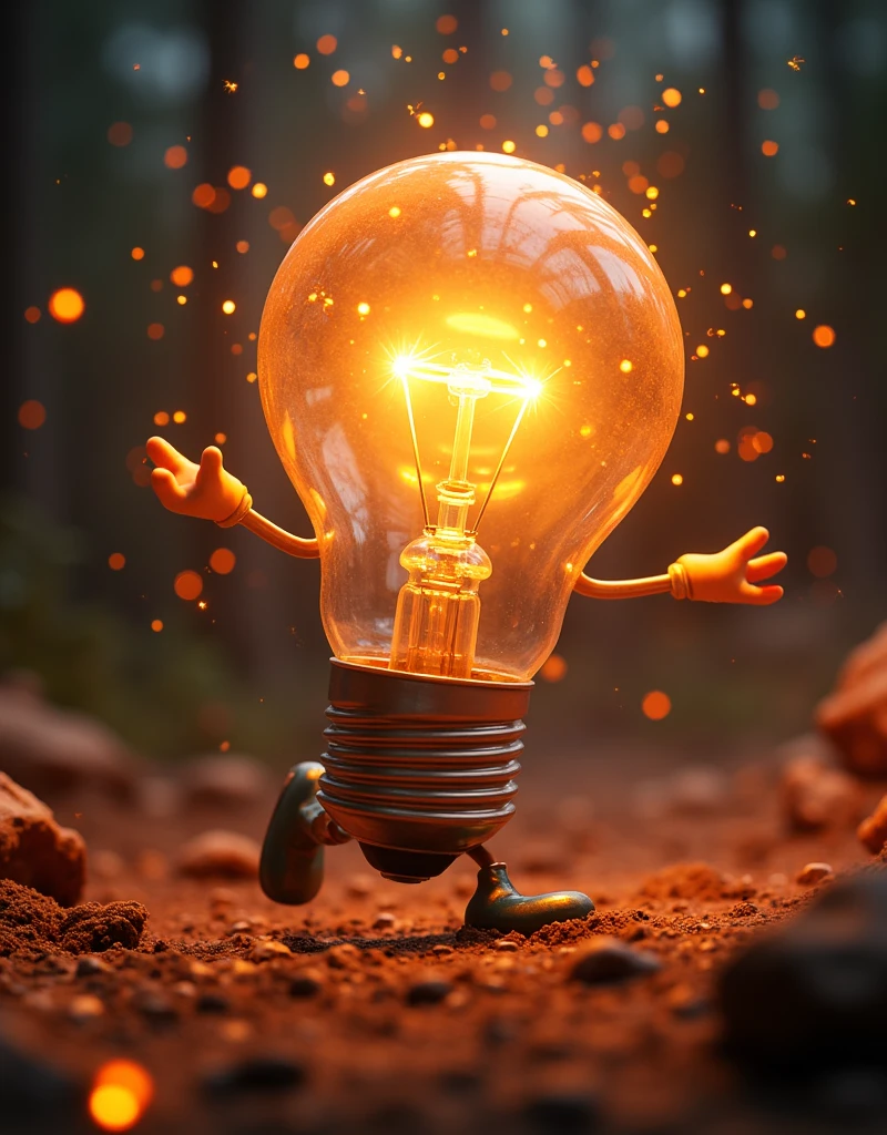  A lively light bulb character runs in a dark background， emits a warm orange glow 。 The filament inside the bulb has clear details ， Excitement ，Dynamic 。 sparks and glowing embers behind it ，Add movement 。 The overall style is surreal 、 vibrant ， Background melancholy contrasts with the light of the light bulb 。