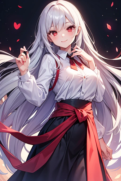  1 beautiful girl with pieces 　Shows up to the waist　 White Long Hair 　Red eyes　Bright smile　 Female Teacher