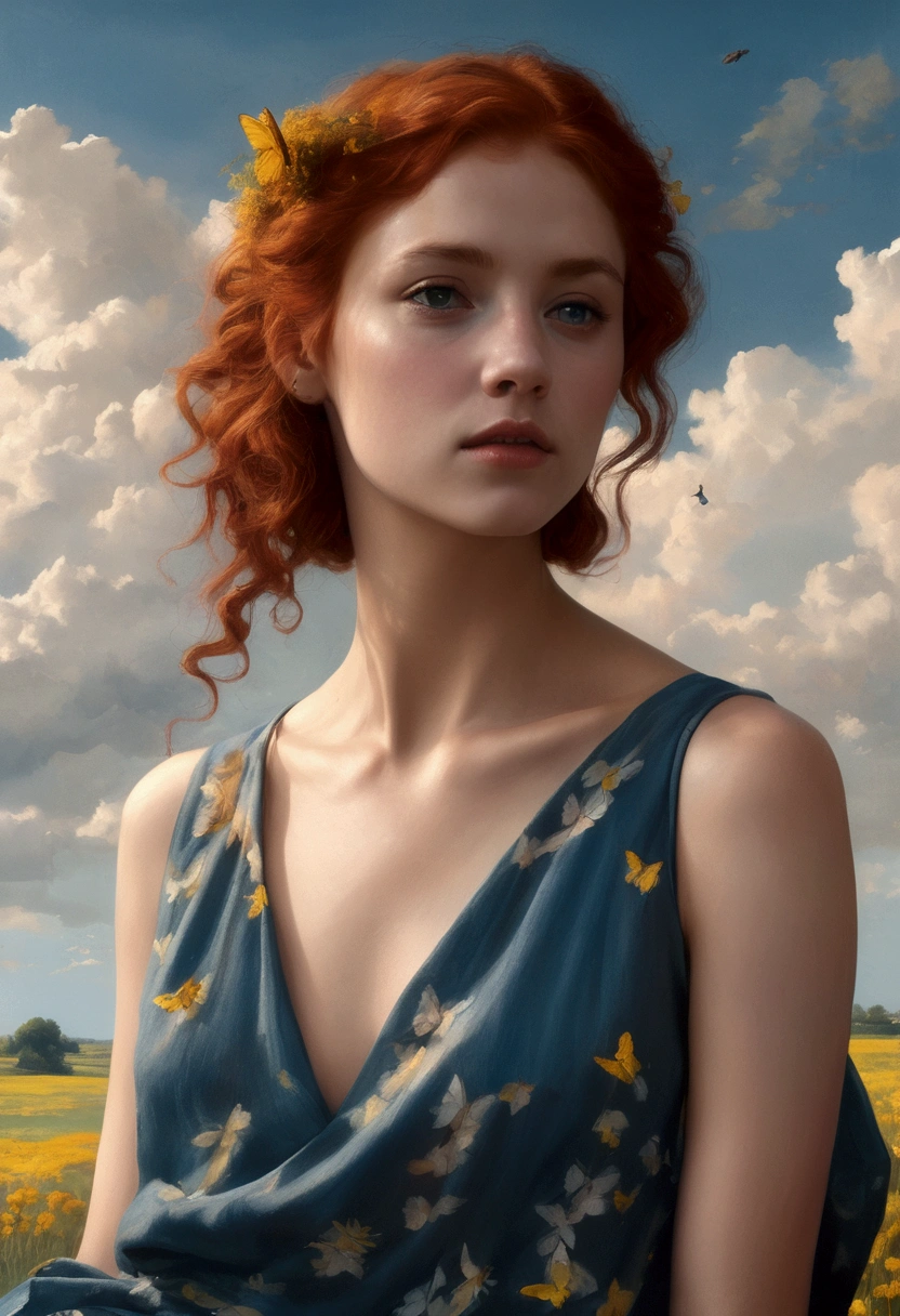 A redhead woman sits solo, feet up, toes wiggling free, against a hand-painted mural backdrop of cumulus clouds tinged with bright yellow. blue crowned hairstreak butterfly, Her dark hair messy, no makeup, yet she radiates ethereal loveliness. Wearing a flowing summer dress and camisole, she gazes directly into the camera lens, bathed in dark evening light. The painted background glows with hand-tinted amber hues. In the foreground, shadows deepen, as if shot on Porta 160 color film with an ARRI ALEXA 65. Her natural beauty shines like a dreamy summer evening.