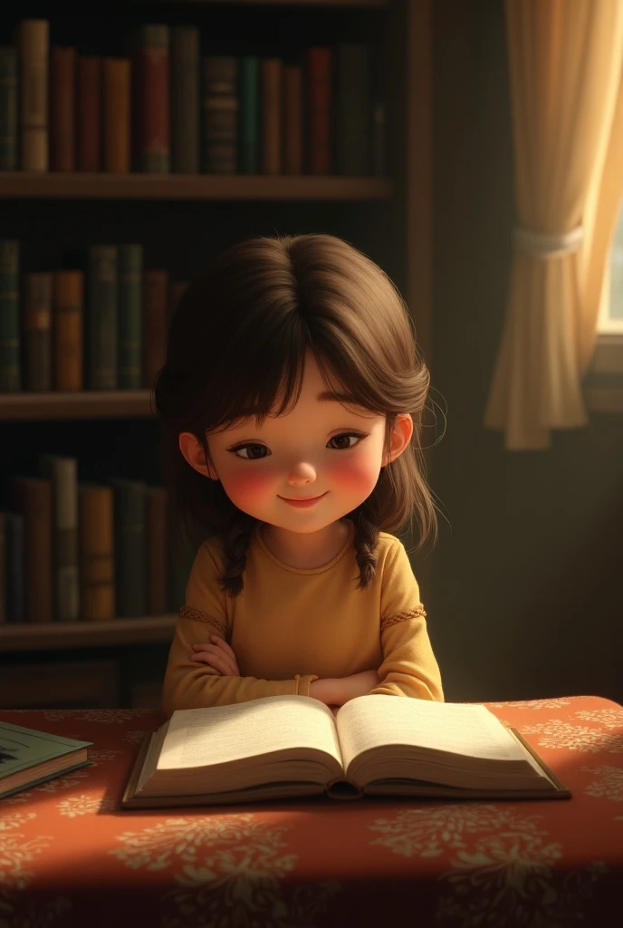 Child studying with a smile and a look of enchantment at the book in his hands 