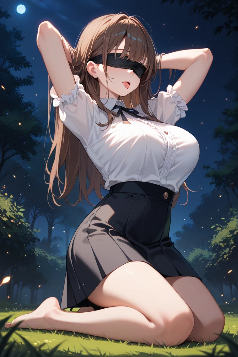 score_9,score_8,score_7_up ,solo focus, 1girl, adult, large breasts, brown hair, long hair, bangs, white top, black skirt, tongue out, blindfold, hands behind head, kneeling, pose, intricate details, particles, dark park, night, sh1n4ch1ku  