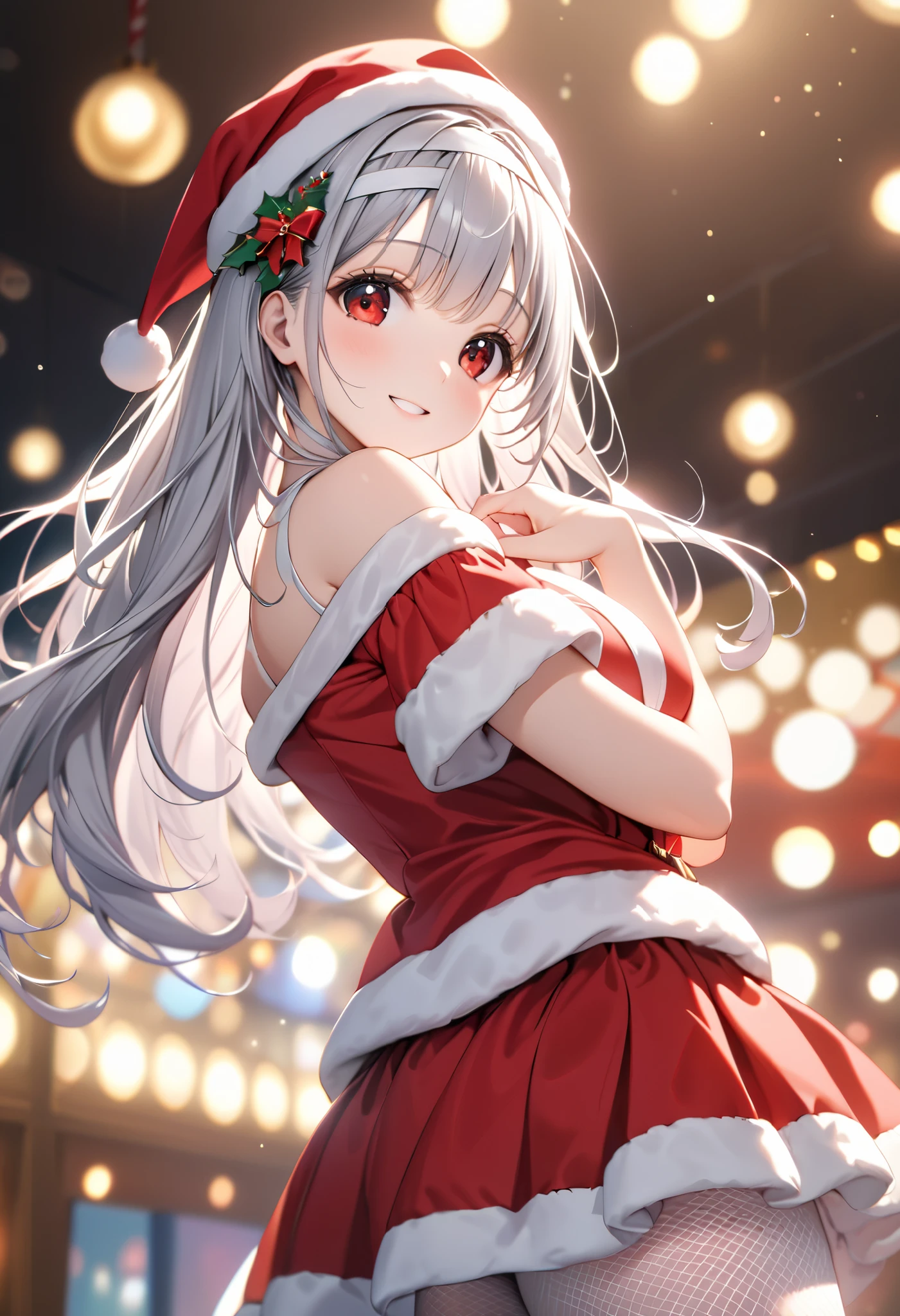 1girl, solo, FHD, Super Detail, top-quality, Very delicate, (upper body), cinematic lighting, ultra detailed, FHD, Super Detail, top-quality, Very delicate, Facing the lens, front view ,masterpiece, best quality, Kawaii pose, dynamic angle, incredibly absurdres, high detail eyes, ((tsurime)), cute eyes, smile, open mouth, full body, cute face, from right, turn to the side, moderniarnd, red eyes, grey hair, long hair, bangs, large breasts, hair ornament, bandaged head, Santa cap, offshoulder Christmas costume, mini skirt, christmas long boots, white fishnet pantyhose, bokeh, party hall, christmas party, light, neon sign