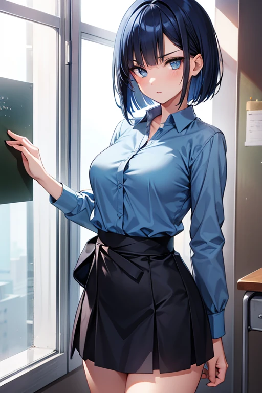  1 beautiful girl with pieces 　Shows up to the waist　 dark blue bob hair　 blue eyes　Glare　 Female Teacher