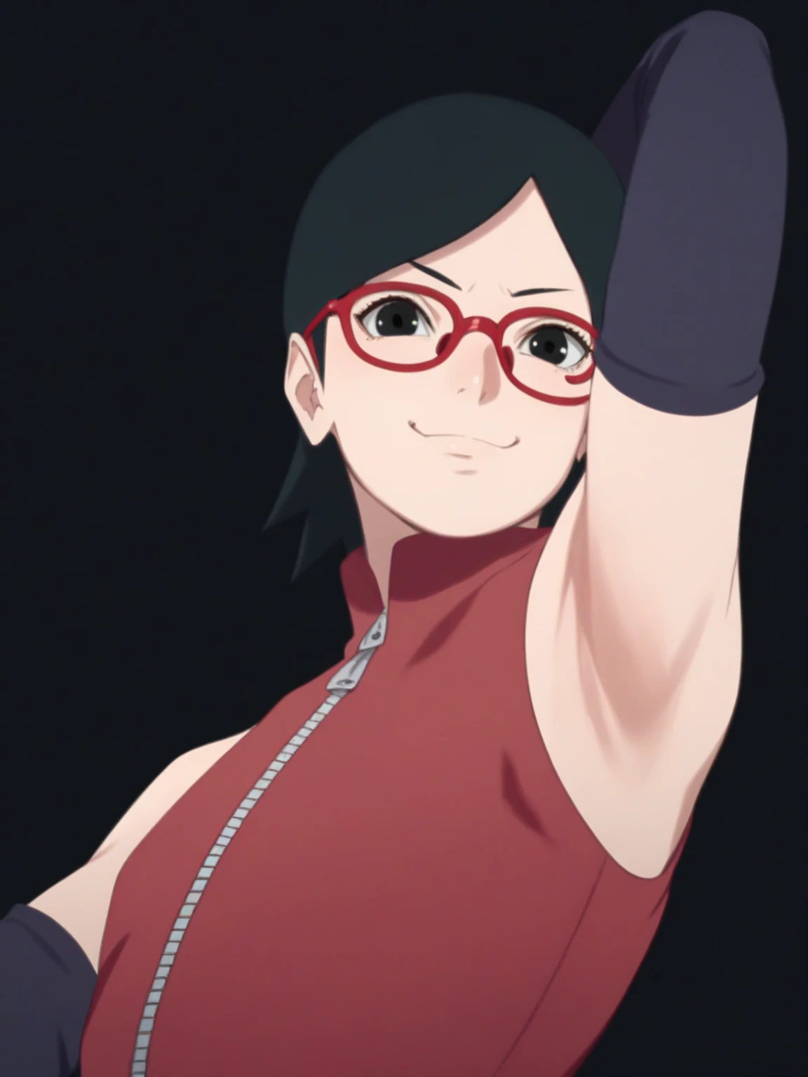 score_9, score_8_up, score_7_up, source_anime, sarada uchiha, short hair, black hair, black eyes, red-framed eyewear, glasses, swept bangs, looking at viewer, eye contact with viewer, smile, smug, closed mouth, light blush, bare shoulders, detached sleeves, (black detached sleeves:1.1), zipper, dress, red dress, black background, arm up, raised arm, (arm behind head:1.2), armpit, from side, from below, flat chest 