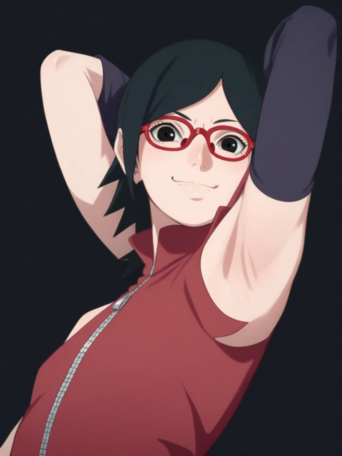 score_9, score_8_up, score_7_up, source_anime, sarada uchiha, short hair, black hair, black eyes, red-framed eyewear, glasses, swept bangs, looking at viewer, eye contact with viewer, smile, smug, closed mouth, light blush, bare shoulders, detached sleeves, (black detached sleeves:1.1), zipper, dress, red dress, black background, arm up, raised arm, (arm behind head:1.2), armpit, from side, from below, flat chest 