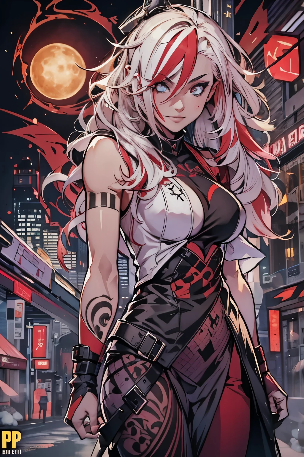 woman with long light blond, streaked with lots of red highlights, hair with two colors (blond and red) , big red bloody eyes, she wears social clothes and have a lot of ((tattoos on her body)). She is smiling like a villain,, big evil smile, with a moon tattooed on her face, she is on a dark city scenery, symmetrical face, ((symmetric eyes)), high contrast, digital art trend on Artstation 8k HD high definition detailed realistic , hiper detalhado,