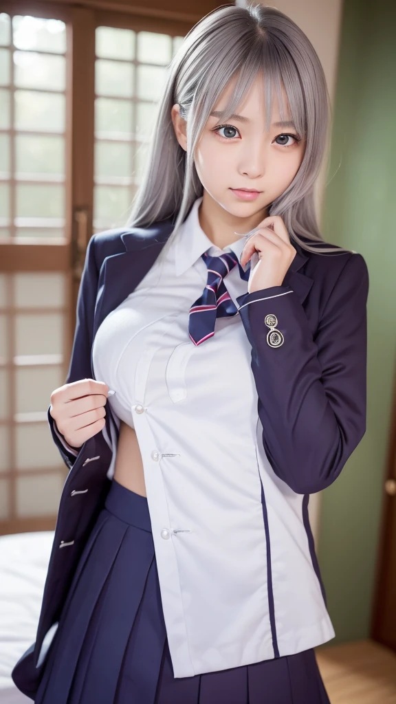 ((Random view, American shot, Real, realistic woman style, (Blue eyed Hungarian), 18 years old girl, ((gray blazer, ribbon, navy blue folded miniskirt, mid-thigh socks)), university classroom, beautiful detail in the eyes, (eye size: 3/4) light on the face, (((intricate details))), especially strong light, (upper eyes, shy smile), shiny skin, (((silver-white hair color) )), (medium thighs), ulzzang-6500-v1.1: 0.2, bashful, (Flash: 1.2), NSFW, ((seductive pose: 1.3, attractiveness: 1.3)), (sitting on desk), ((complexion slim and perfect body)), bright and refreshing classroom, Cute and symmetrical face, Natural side lighting, RAW photos, superior quality, masterpieces, High Definition RAW color photos professional close-up photos, (realistic, photorealism: 1.2), ( highest qualityr), (high contrast light shadows), (best illustrations), (erotic, sexy, ultra-high-resolution, HD Unified CG Wallpapers, Physical representation, movie lighting), Canon EOS R50 camera with 50mm lens))