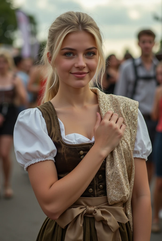 artistic portrait of a thin 12 year old girl, big natural breasts can be seen, hair blonde, arm behind the back, Waist slender, standing, Feeling happy, gorgeous attractive face. Look: oktoberfest, canon 50 mm, analog style