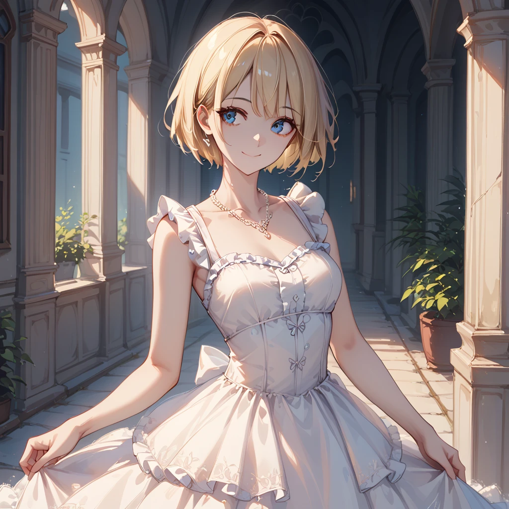 １A woman in her 30s、 short cut hair、 blue eyes、looking away、Blonde、closed-mouth smile、( smaller breasts)、 Slim Body 、 Wedding Style、Gorgeous white dress、White lace、White frills、white gorgeous necklace