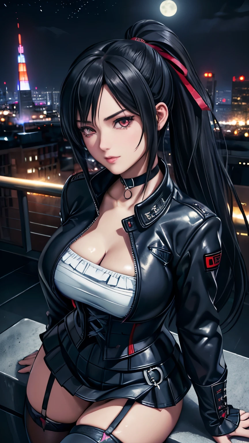 red eyes, (highest quality, masterpiece painting:1.3), immature woman, , (half body shot), masterpiece, ultra high resolution, (Photoreal:1.0), black hair, ponytail, straight hair, beautiful shining hair, white and shining skin, ((Ultra realistic details)), octane rendering, highly detailed face, (big breasts:0.8), complete pilotsuit, adjusted pilotsuit, (red pilotsuit),cleavage, perfect body, soft skin, anime face, perfect face, perfect eyes, looking at the viewer, smart, deep in the night, Moon Night, The rooftop of a building overlooking the city, Night sky with the moon shining, photon mapping, Radio City, ((fantastic night)), ((outdoors)), sharp focus, intricate details, professional artwork, (bright colors:1.1), bright colors, diffused lighting, digital blending, ultra-definition body, ultra detail hair, super detailed face, trending on pixiv, top button open, Cute gaze, compensate, perfect lips, perfect compensate, Ultra-precision coating,  (glare :1.0), BREAK ((gothic lolita, cute punk fashion):1.3), (wear a long sleeve black latex jacket over a black corset:1.4), (collarbone:1.3), (black A-line multilayer tiered miniskirt with ruffles:1.3), (black latex overknee socks with garter belt:1.3), (black hight platform boots with heels:1.2), (choker with black plaid ribbon:1.3),