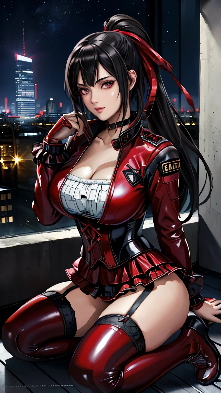 red eyes, (highest quality, masterpiece painting:1.3), immature woman, , (half body shot), masterpiece, ultra high resolution, (Photoreal:1.0), black hair, ponytail, straight hair, beautiful shining hair, white and shining skin, ((Ultra realistic details)), octane rendering, highly detailed face, (big breasts:0.8), complete pilotsuit, adjusted pilotsuit, (red pilotsuit),cleavage, perfect body, soft skin, anime face, perfect face, perfect eyes, looking at the viewer, smart, deep in the night, Moon Night, The rooftop of a building overlooking the city, Night sky with the moon shining, photon mapping, Radio City, ((fantastic night)), ((outdoors)), sharp focus, intricate details, professional artwork, (bright colors:1.1), bright colors, diffused lighting, digital blending, ultra-definition body, ultra detail hair, super detailed face, trending on pixiv, top button open, Cute gaze, compensate, perfect lips, perfect compensate, Ultra-precision coating,  (glare :1.0), BREAK ((gothic ****ta, cute punk fashion):1.3), (wear a long sleeve red latex jacket over a black corset:1.4), (collarbone:1.3), (red A-line multilayer tiered miniskirt with ruffles:1.3), (red latex overknee socks with garter belt:1.3), (red hight platform boots with heels:1.2), (choker with red and black plaid ribbon:1.3),