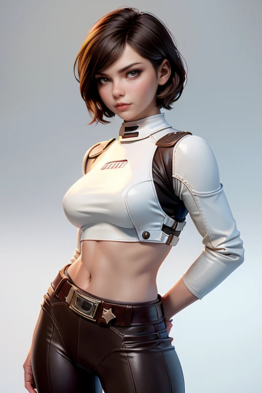 (Realistic), (highly detailed), uhd, Princess Leia without panties under short skirt, breast sheer top, (extremely short hair:1.3), detailed body, star wars world