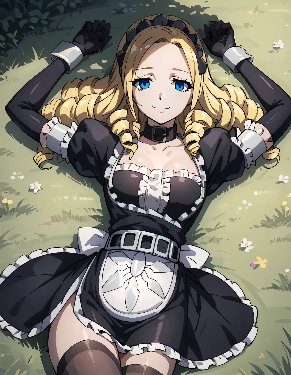 Solution_Epsilon, blonde_hair, blue_eyes, drill_hair, empty_eyes, eyelashes, maid_maid_headdress_puffy_sleeves, black_collar, short_sleeves, elbow_gloves, black_gloves, wrist_cuffs, belt, white_maid_apron, print_maid_apron, miniskirt, frilled_skirt, taut_clothes, side_slit, brown_legwear, high quality, solo, lying, on back, arms up, spread arms, closed mouth, on grass, looking at viewer, cowboy shot, center, smile, best quality,