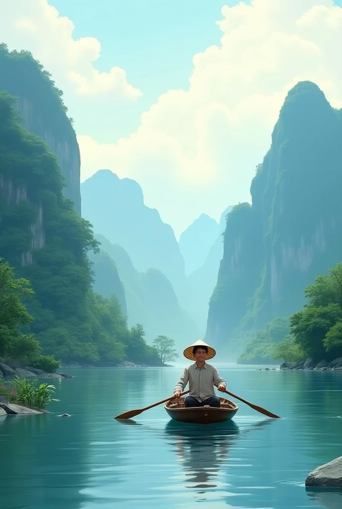 35mm film still, photo of an Ancient long hair elderly obese poem in hanfu shouting on a wooden boat, surrounded by flying birds, in between two waterfall mountain pass, Japanese architecture, mythical, Chinese countryside, intricate details, soft glow of mid-day lighting,