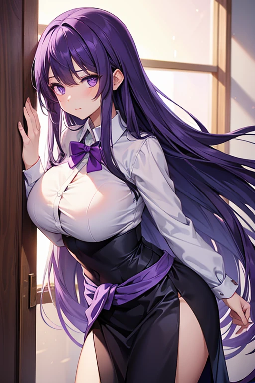  1 beautiful girl with pieces 　Shows up to the waist　 light purple loosely wrapped long hair　Purple eyes　 No Emotion　 Female Teacher