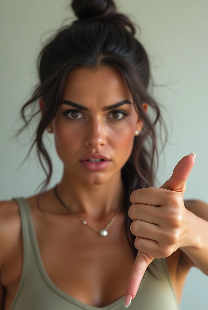 Selfie of an Iranian girl with black eyes and eyebrows, tanned skin, black hair, green crop and a sexy body written on her palm by puskar himself.