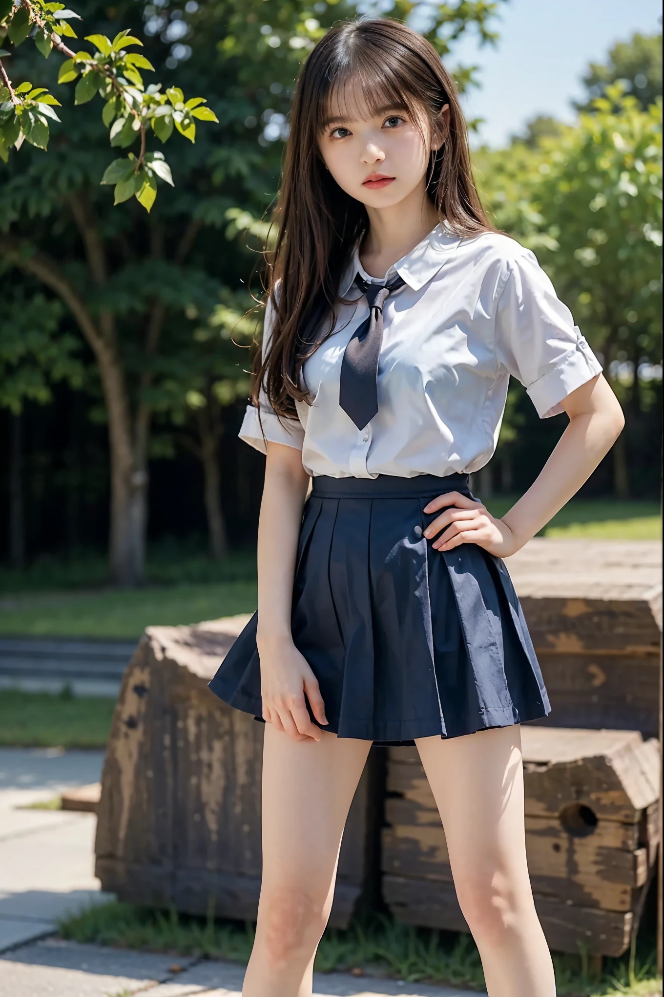 女の子1 person、(8k、  RAW photos from the last century、最 high quality、  high quality、 masterpiece:1.2)、( Genuine、 Genuine)、1 person、  Dark Brown Hair Medium Hair 、 bust up、(( White Collar Y Shirt  、tie、  Blue Check Mini Short Skirt:1.2)) shiny skin、Thin legs、( Roomy Socks、 Wearing loose socks:1,2)、  sneakers、 Front View、Schoolyard、(  Stand with Your Hands on Your Hips  ,  is standing:1,2))、 cute、Show me your whole body、Midsummer、Sun Sun  、 shining sunlight 、日本の high school girl、 high school girl、