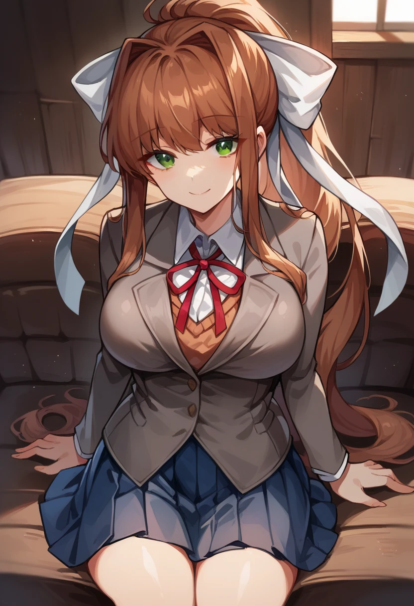 Monika, bangs, very long hair, smile, long hair, neck ribbon, looking at viewer, ponytail, shirt, school uniform, hair bow, white bow, pleated skirt, brown hair, grey jacket, sidelocks, solo, blue skirt, skirt, 1girl, breasts, large breasts, thin waist, wide hips, blazer, green eyes, looking at viewer, sitting on a soft couch in a wood cabin, arms resting on couch back