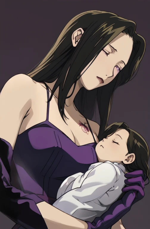 Fmasloth,  purple _ dress, sleeveless  dress,  bare shoulders, Bareneck, Gloves that extend to the upper arms ,  dark brown hair , Long Hair,  purple  eyes, masterpiece, Best Quality,  absurd,  viewers from below,   Sweet Expression  ,   faint smile  , Rural Background,  Fullmetal Alchemist's Aesthetics ,  Holding a sleeping baby
